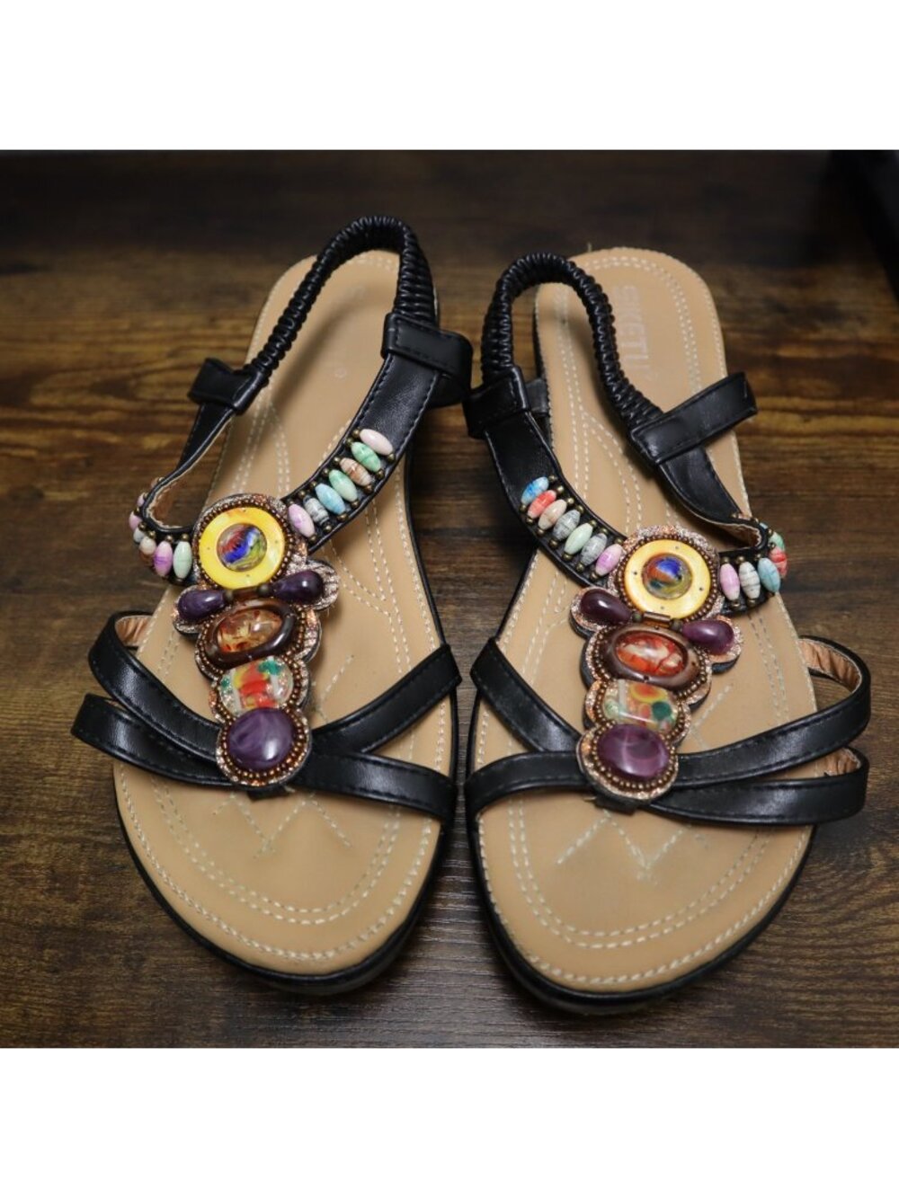 TG-47 Siketu Women's Size 42 Beaded Black Sandals With Gemstone Accents